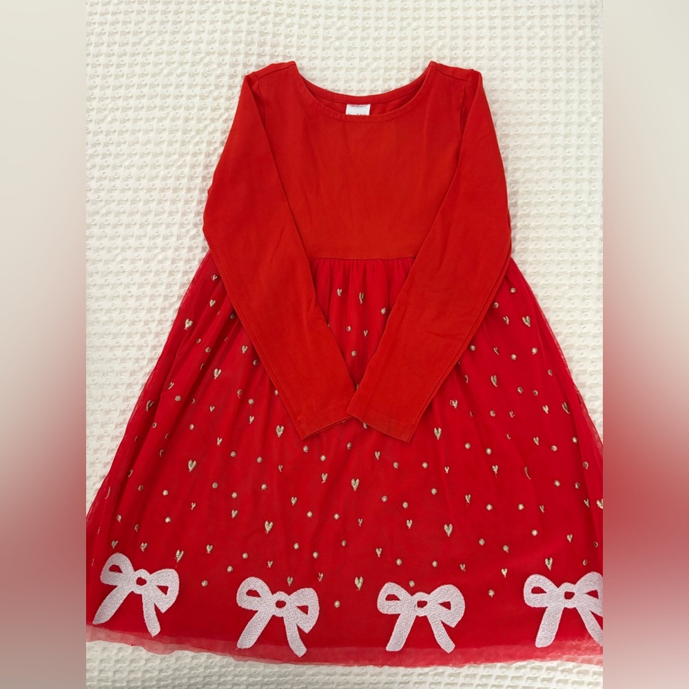 Hanna Andersson Red Holiday Tulle Dress with Heart and Bow Accents - Size 6/7